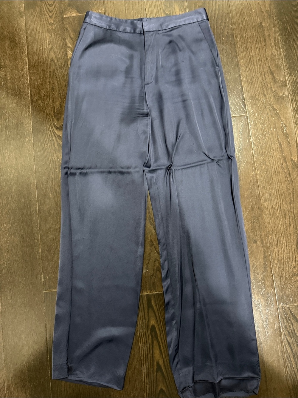 Zara Dark Navy Wide-Leg Satin Dress Pants